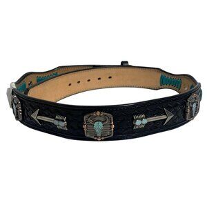Fourshoes Leather Work Western Belt Arrows Bison Skull Thunderbird Womens Sz 32